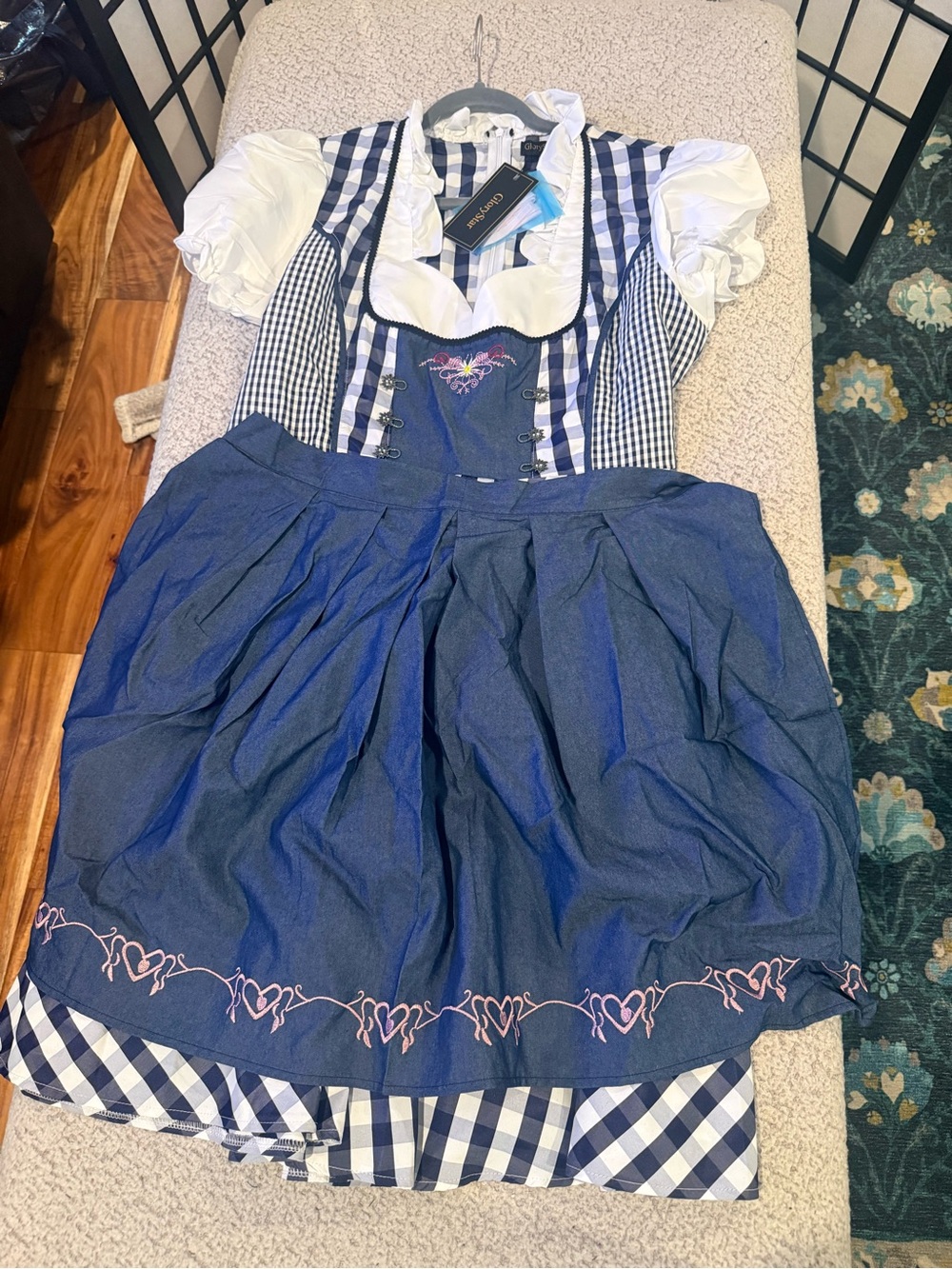 Traditional Women's Blue Gingham Dirndl Dress with White Blouse